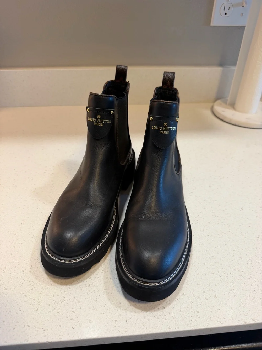 Louis Vuitton Black Leather Chelsea Boots with Gold Logo Placket